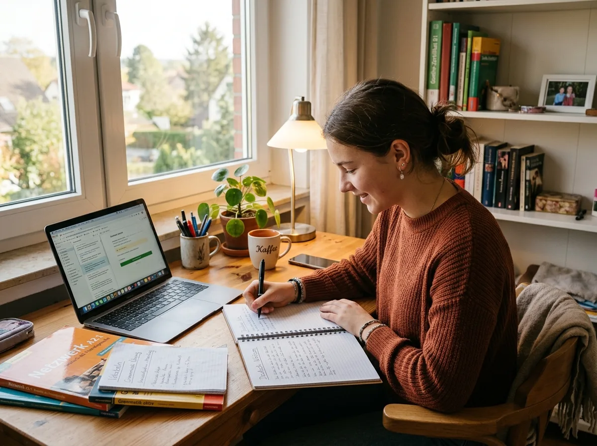Student studying German at a cozy home desk